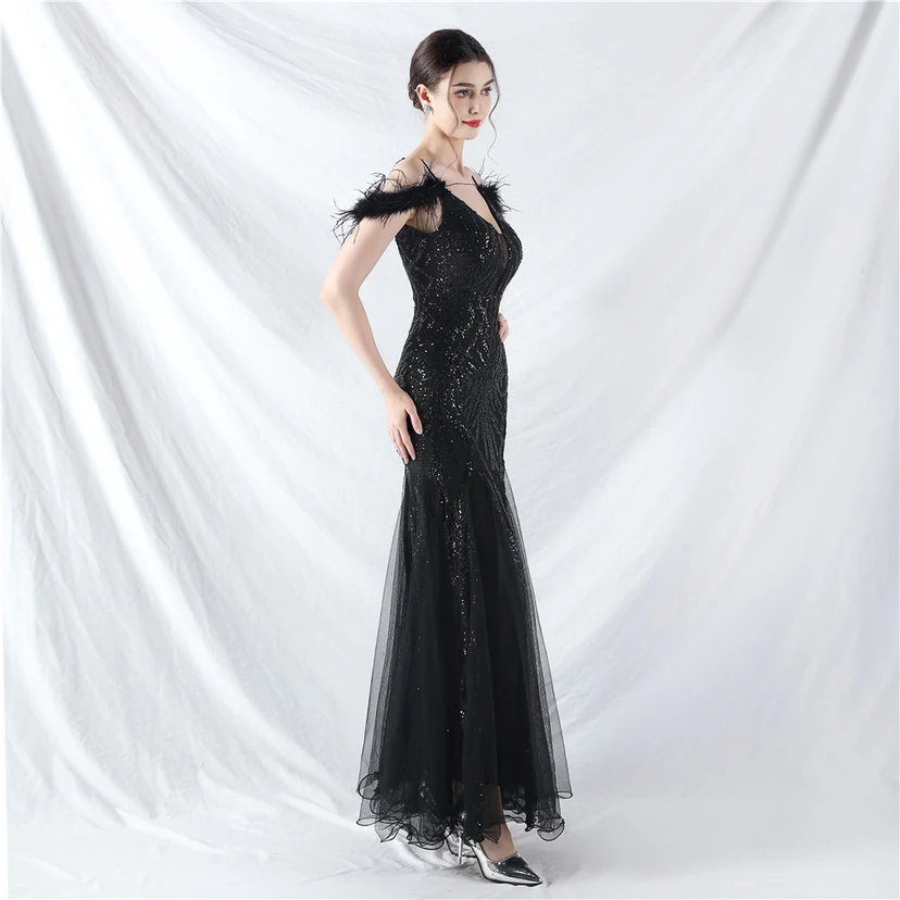 9-farbiges, handgefertigtes Abendkleid aus Kamelfedern, Netzstoff und Pailletten, sexy Trägern view 43