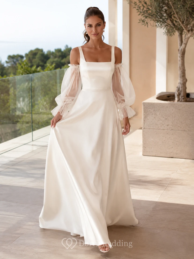 Abnehmbare Ärmel, eckiger Ausschnitt, Villa Terrace A-Linien-Kleid