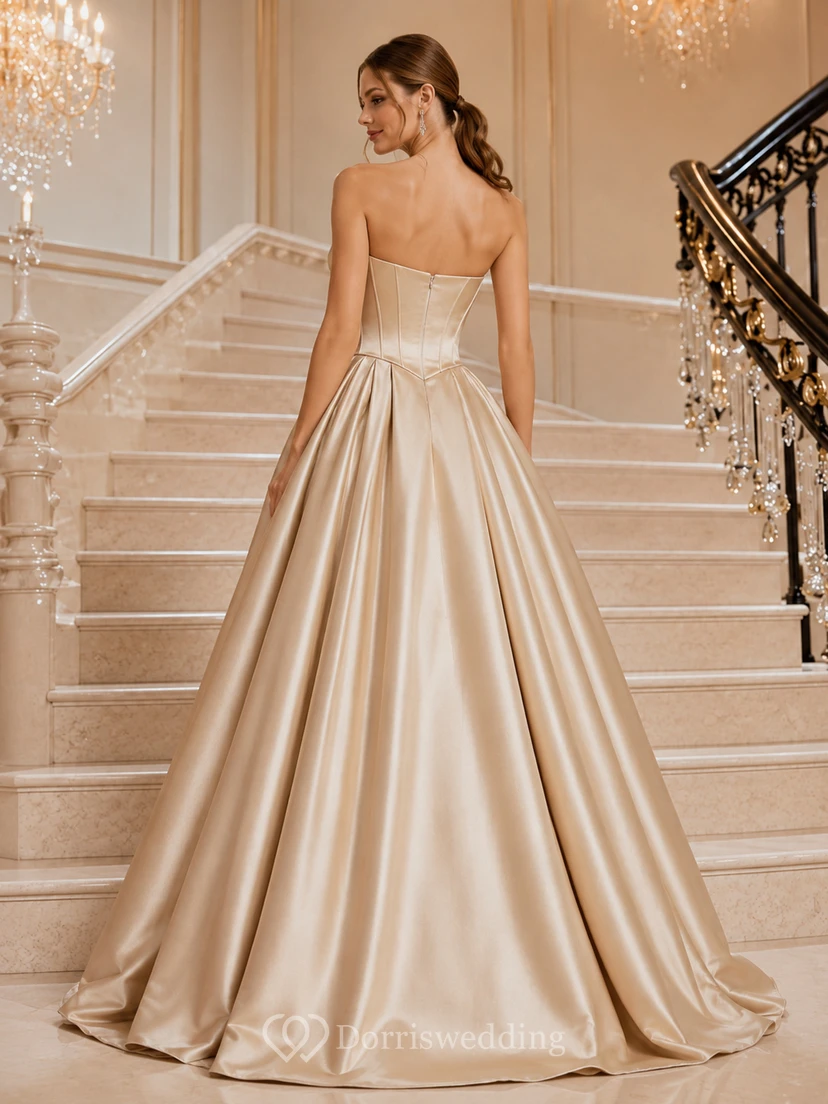 Champagne Strapless Sweetheart Satin Ball Gown Pleated Floor Length Prom Dress view 2