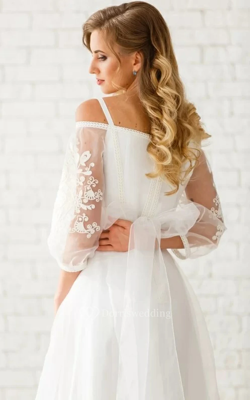 Ätherisches A-Linien-Brautkleid aus Tüll, bodenlang, mit 3/4-Ärmeln, Reißverschluss und Applikationen view 5