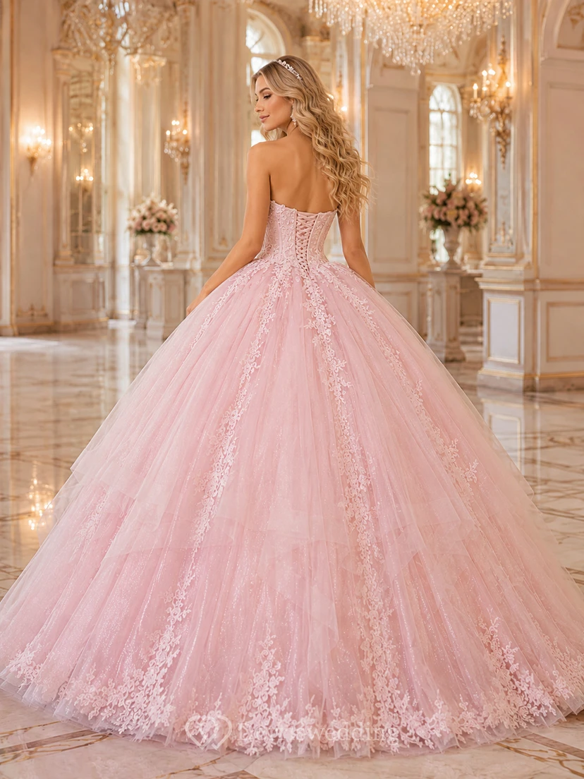 Pastel Pink Strapless Applique Tulle Quinceanera Ball Gown view 2