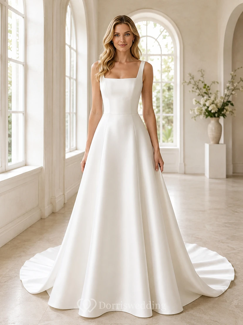 Brautkleid aus Satin, A-Linie, eckiger Ausschnitt, ärmellos, bodenlang, tiefer V-Ausschnitt am Rücken