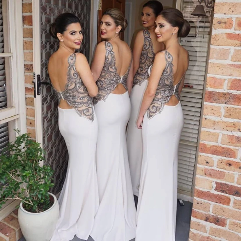 Modern Jewel Appliques Mermaid Champagne Bridesmaid Dress Sweep Train view 2