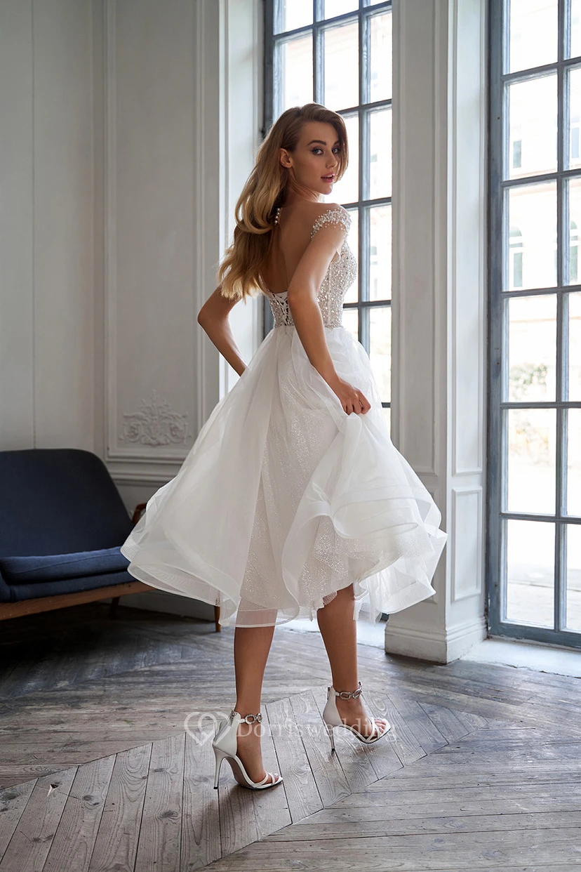 Vestido de novia de gasa con corte en A y detalles de pedrería, estilo Imperio Brillante. view 2