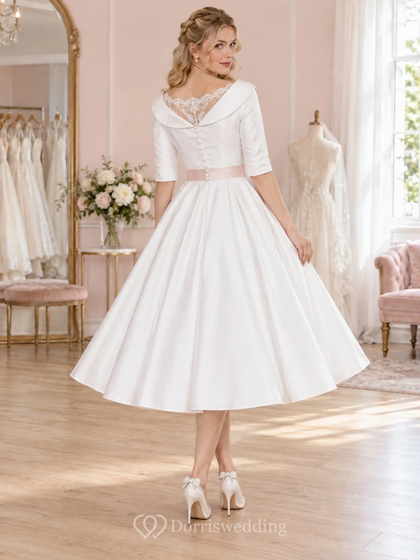 Rockabilly-Hochzeitskleid mit Porträtkragen, halben Ärmeln, Knopfleiste am Rücken, Teelänge und A-Linie view 2