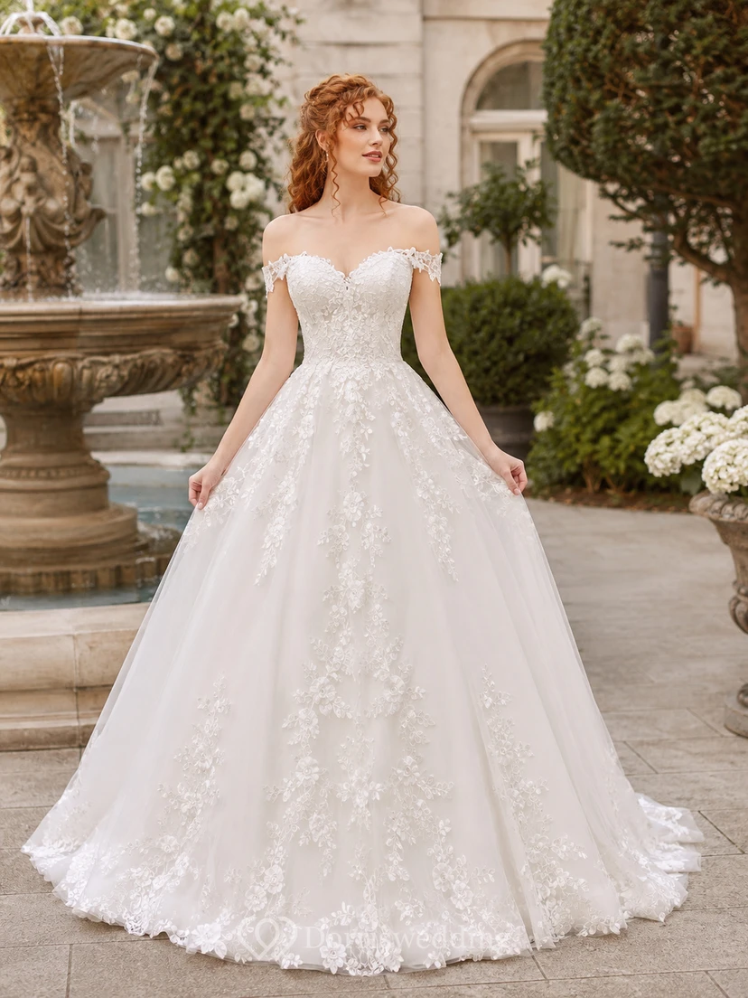 Off Shoulder Lace Ball Gown Garden Wedding Dress