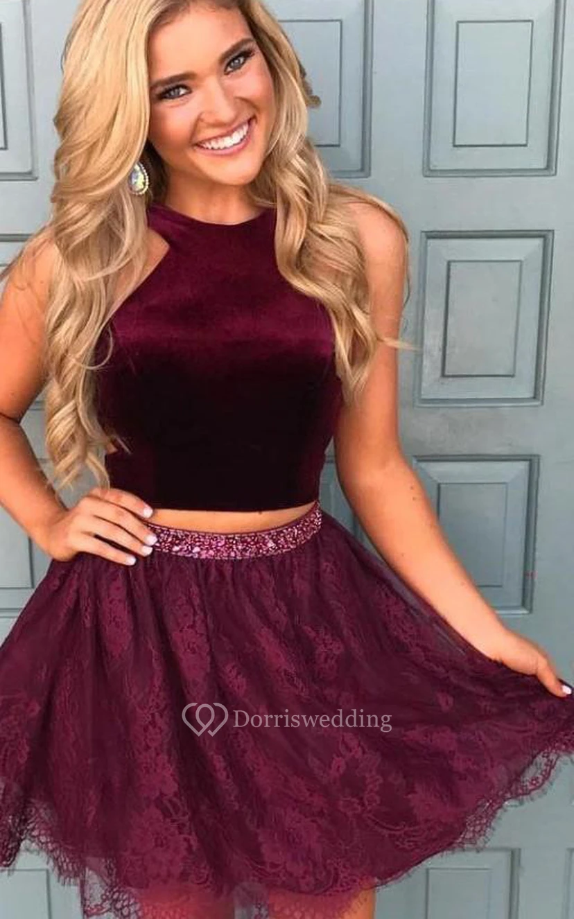 Satin Lace Short Two Piece Sleeveless Modern Homecoming Dress