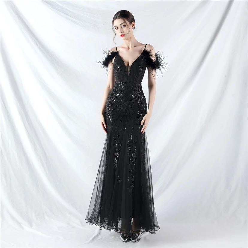 9-farbiges, handgefertigtes Abendkleid aus Kamelfedern, Netzstoff und Pailletten, sexy Trägern view 41