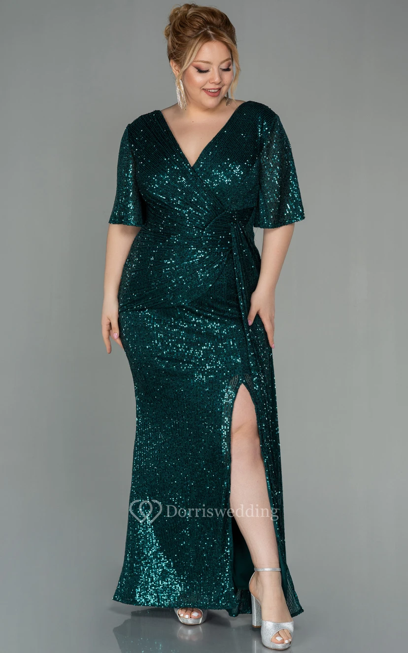Poet-sleeve Empire Front Split Ruched Plus Size Mother of Bride Dress view 7
