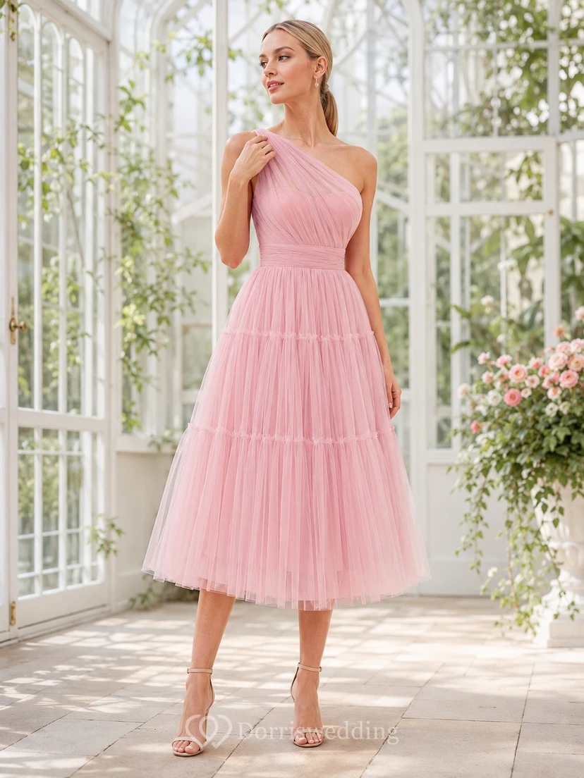 Pink Tulle One-Shoulder Sleeveless Romantic Tea-Length Party Dress