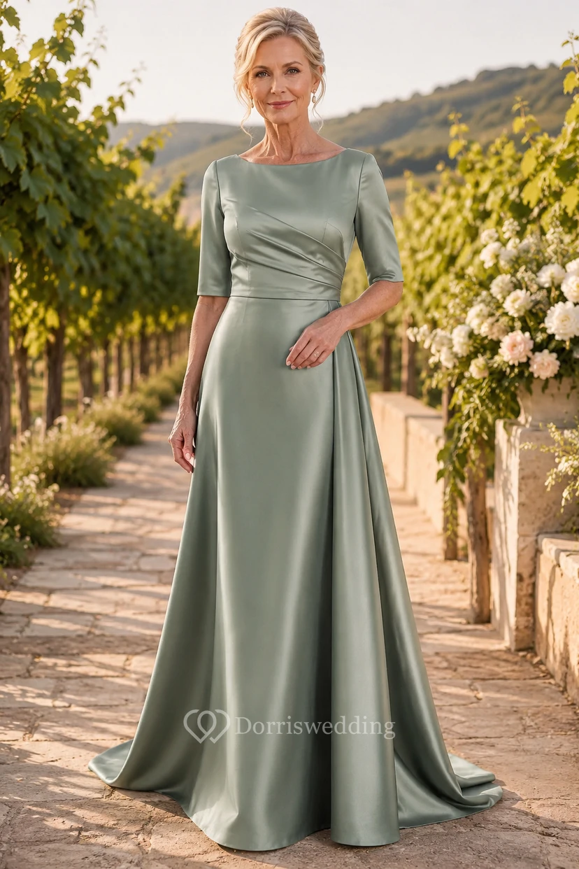 Salbeifarbenes A-Linien-Mutterkleid aus Bateau-Satin