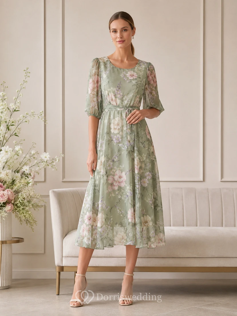 Robe midi trapèze en mousseline à col rond et manches courtes, ornée d'un motif floral sauge, idéale pour les futures mamans.