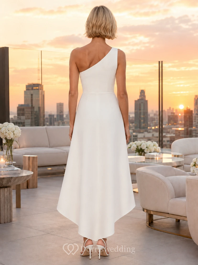 Modern One-Shoulder High-Low Minimal Rooftop Civil Elopement Dress view 2