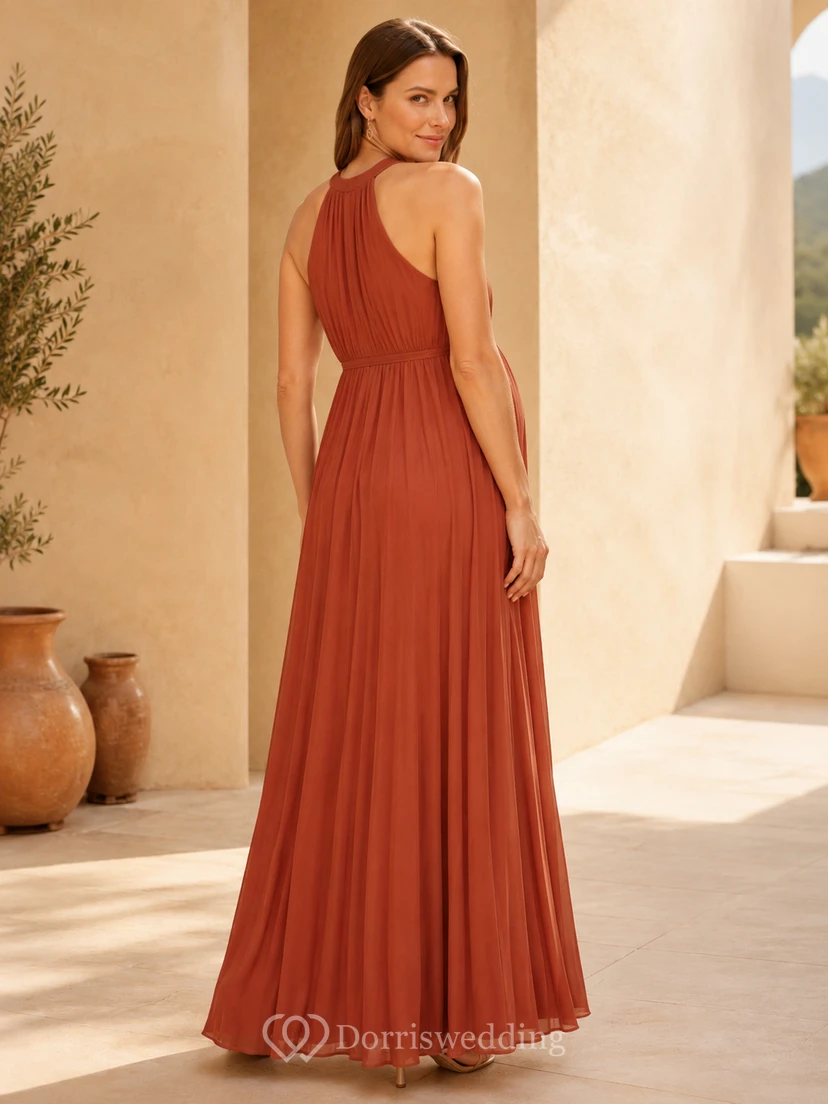 Robe de soirée longue en mousseline de soie vermillon, col montant dos nu, coupe empire view 2