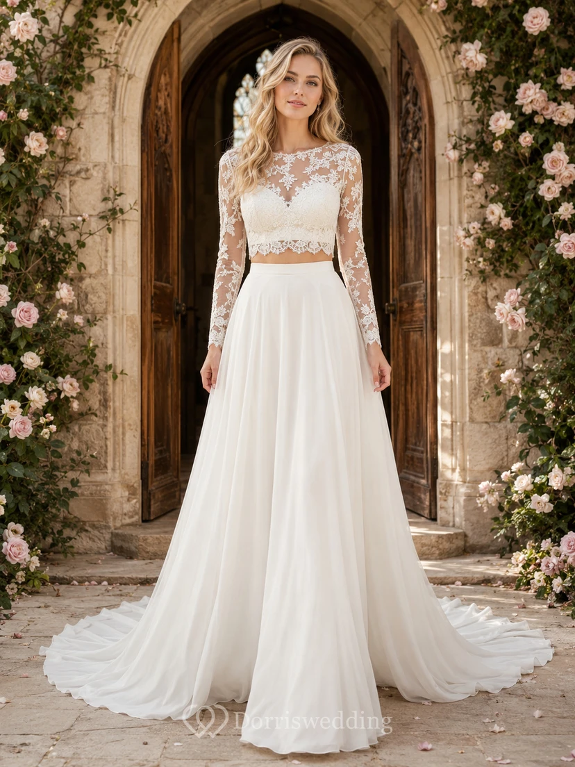 Long Sleeve Illusion Lace Top Chiffon Chapel Bridal Set