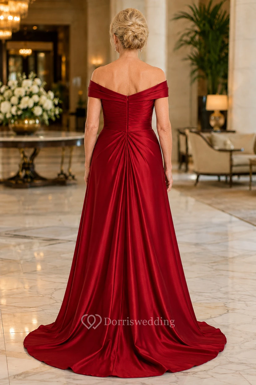 Mutterkleid aus rotem Satin, A-Linie, kurze Ärmel, schulterfrei, Schleppe, gerafft view 2