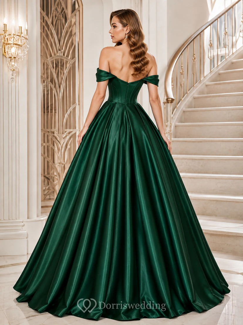 Dark Green Vintage Off Shoulder Sweetheart Satin Quinceanera Princess Formal Ball Gown view 2