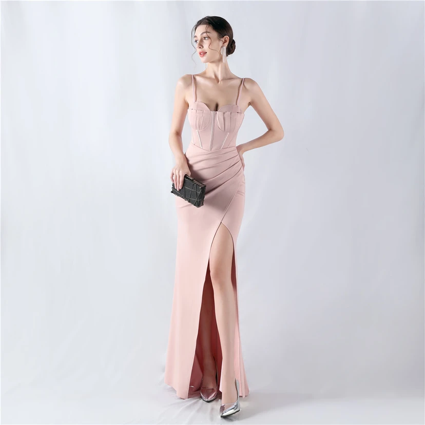 Fishbone Waist Strap Satin Host Meeting Evening Dress view 23