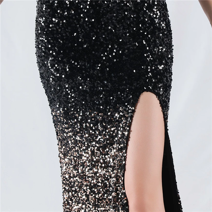 Sexy Abendkleid mit Samtsaum, Farbverlauf, Pailletten, hohem Schlitz und schräger Schulterpartie view 69