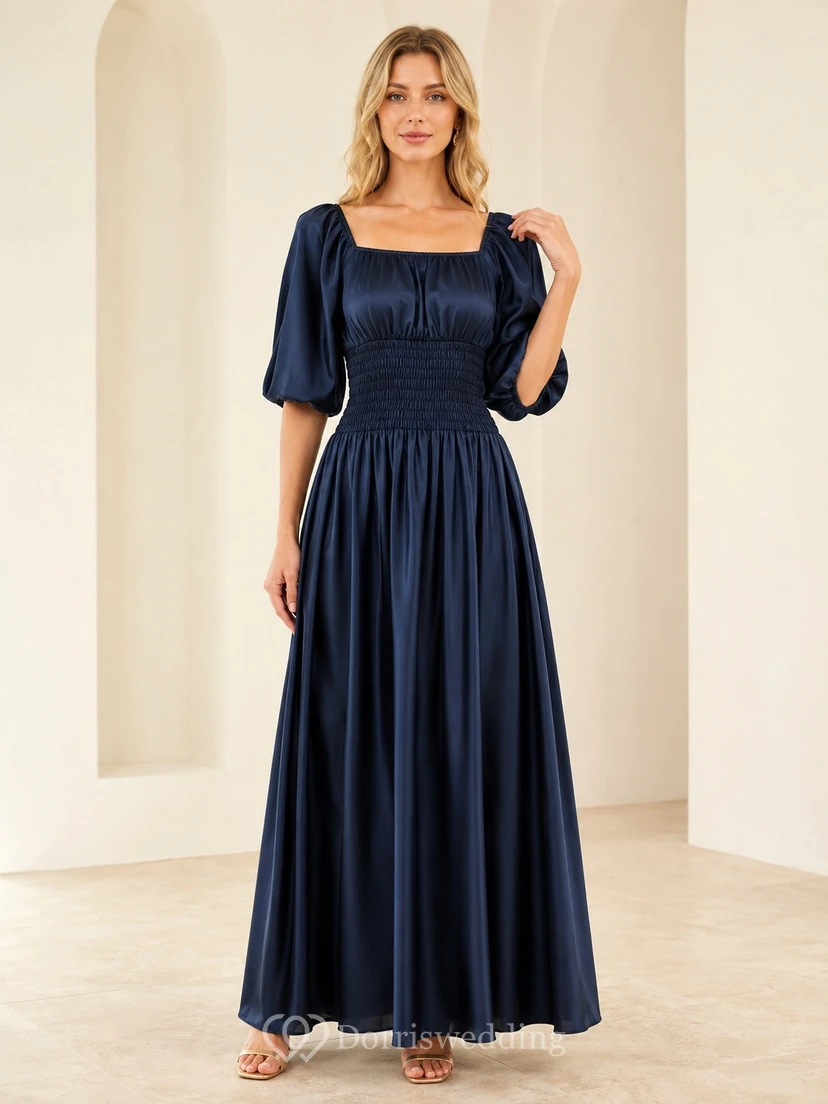Vestido formal de corte A con escote cuadrado y mangas abullonadas en gasa azul marino oscuro