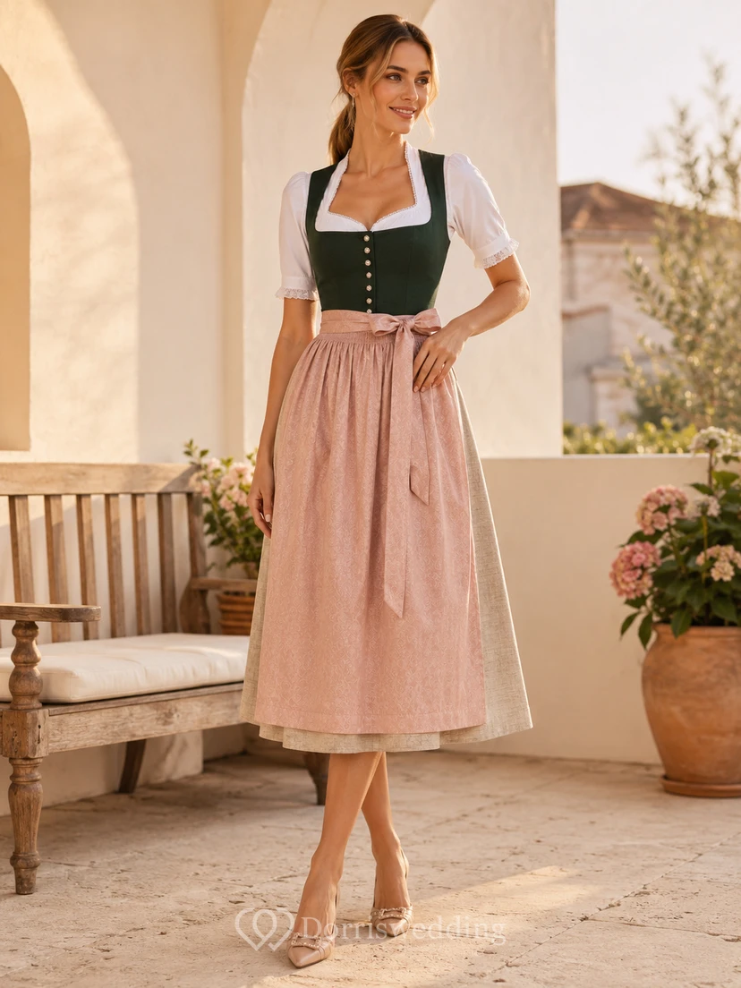 Dirndl moderno de lino verde oscuro de largo midi hasta la rodilla con mangas abullonadas y delantal color rosa pálido.