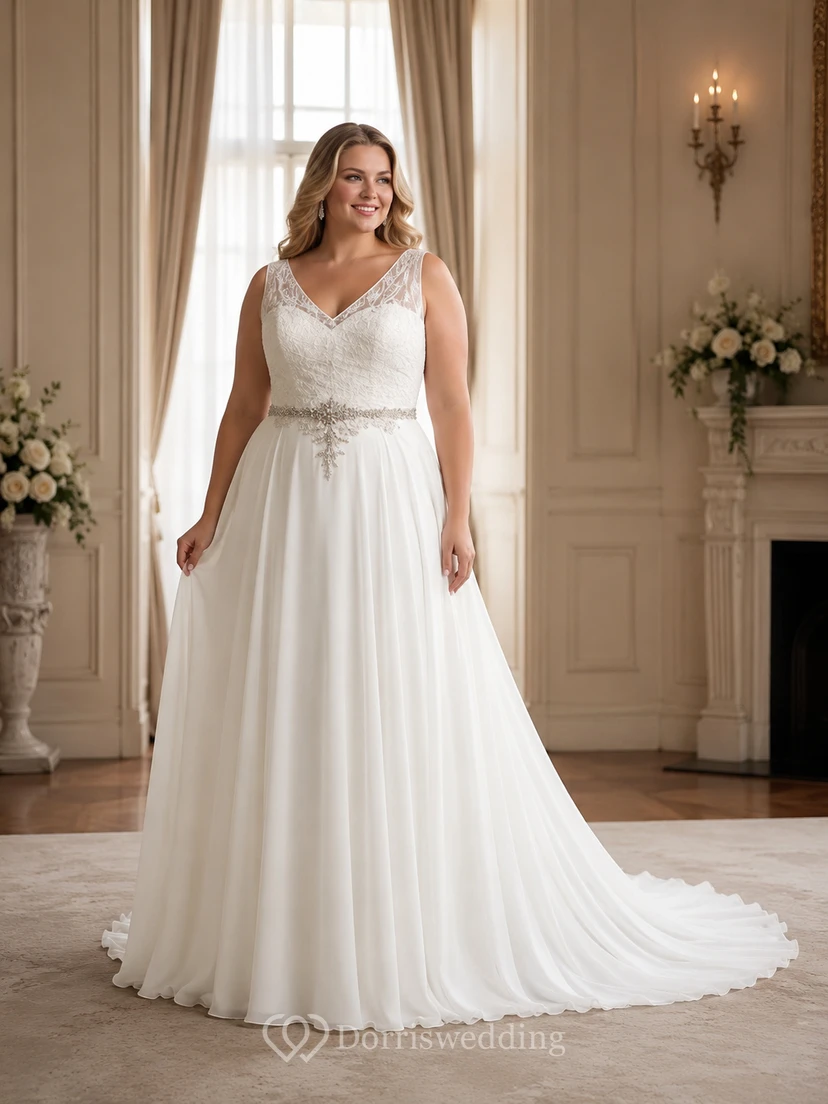 Empire-Chiffon-Brautkleid im griechischen Stil mit V-Ausschnitt, ärmellos und mit Perlenstickerei view 4