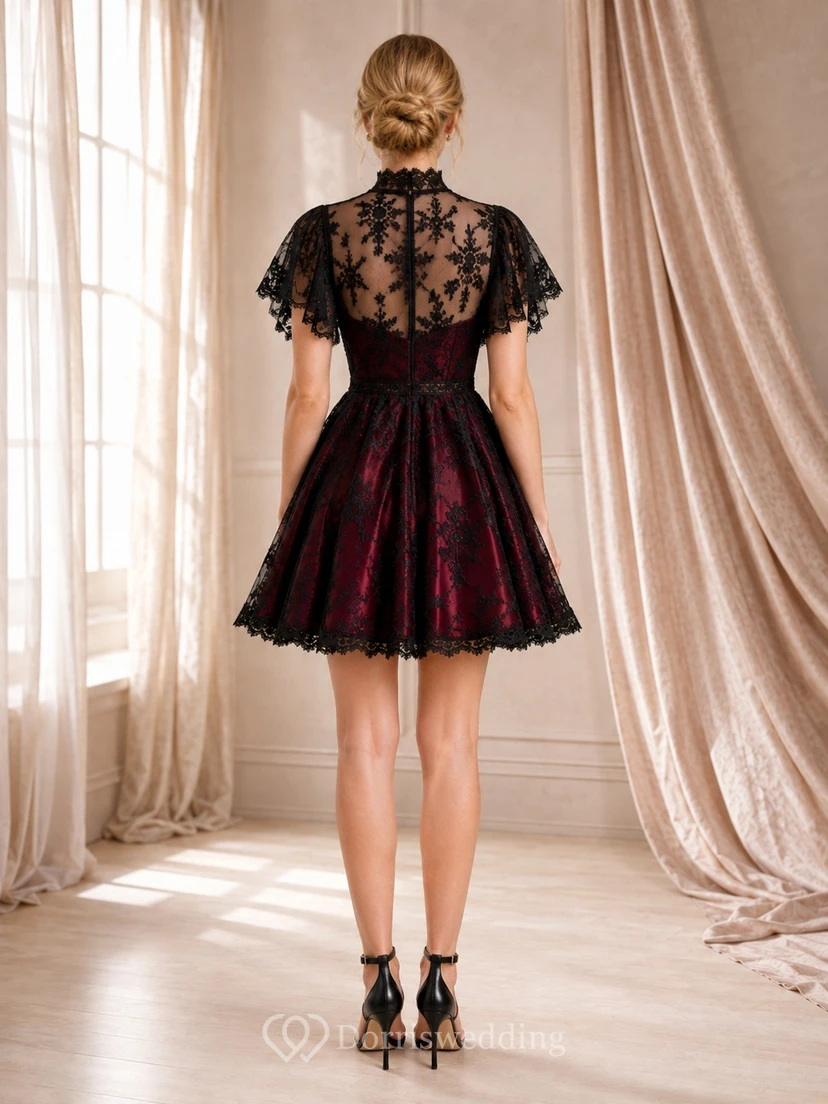 Robe de cocktail sexy en dentelle noire à carreaux carrés et coupe trapèze, ornée de fleurs.