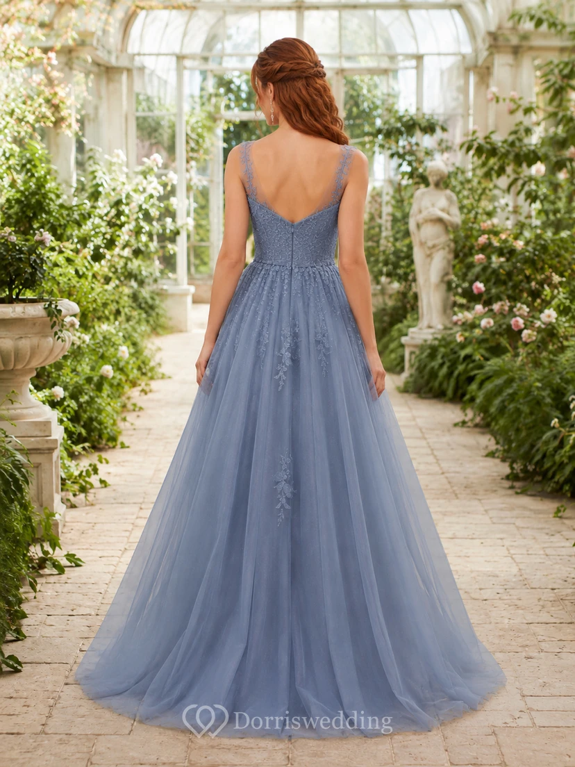 Stahlblaues Spaghetti-Tüll-Abendkleid in A-Linie view 2