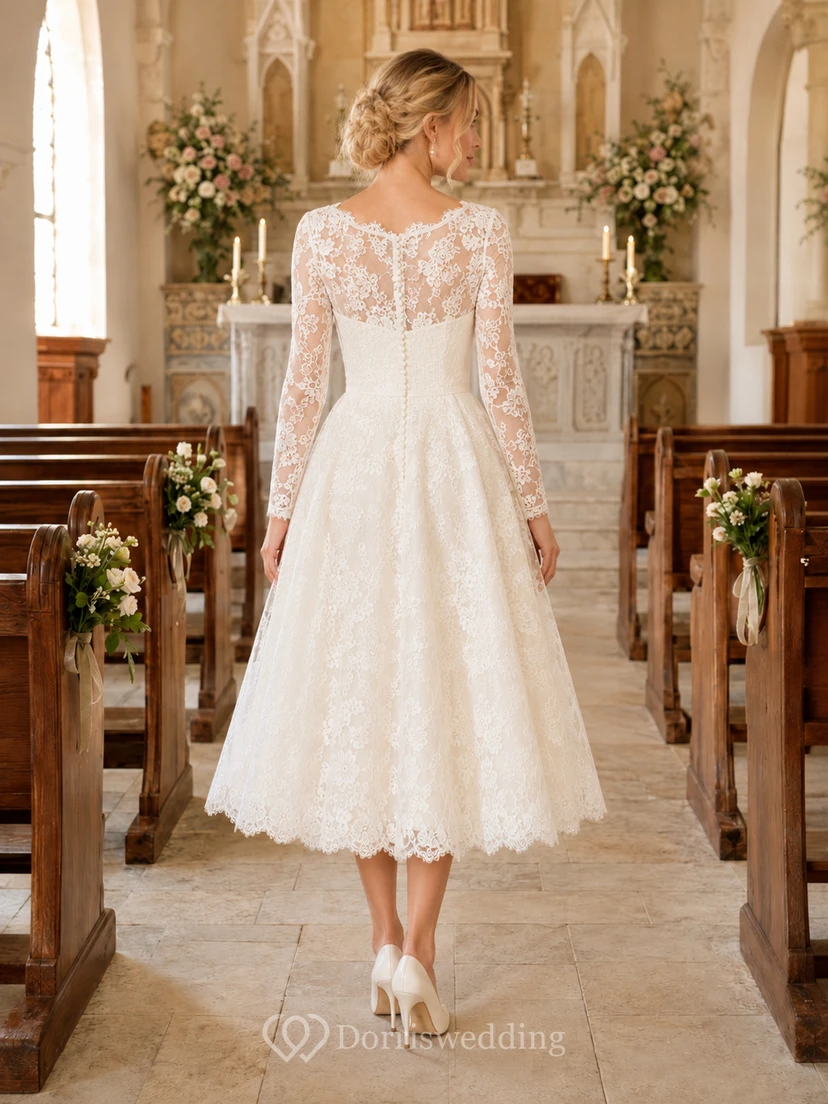 Romantic Tea Length Lace Long Sleeve V Neck Chapel Wedding Dress view 2