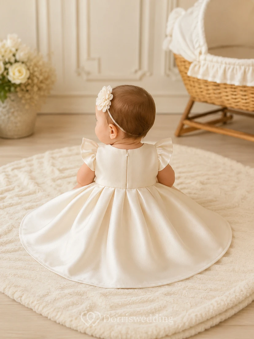 Modern Baby Baptism Christening Ceremony Dress A-Line Knee-Length Jewel Neck Sleeveless Satin Button Back view 2
