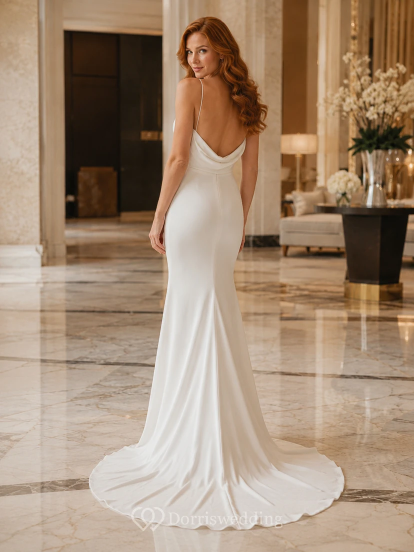 Minimalist Stretch Satin Wedding Dress Mermaid Spaghetti Strap Sweep Train Low V Back Bridal Gown view 2