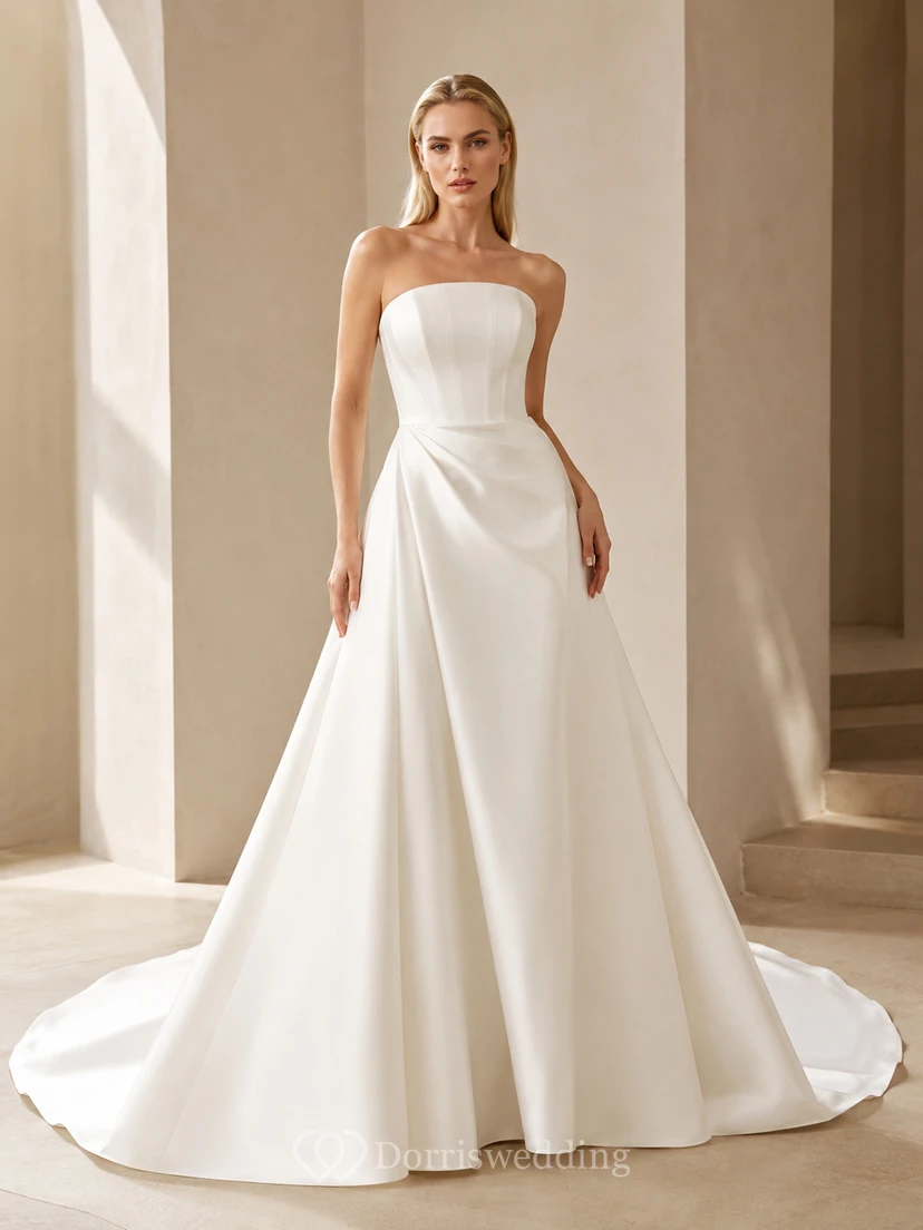 Trägerloses Brautkleid aus Satin mit Schleife, A-Linie, modernem Faltenrock und Kapellenschleppe