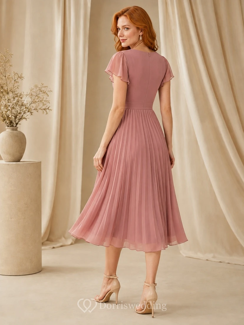 Robe de cocktail plissée en mousseline rose poudré, col en V, manches papillon, coupe trapèze, longueur genou view 2