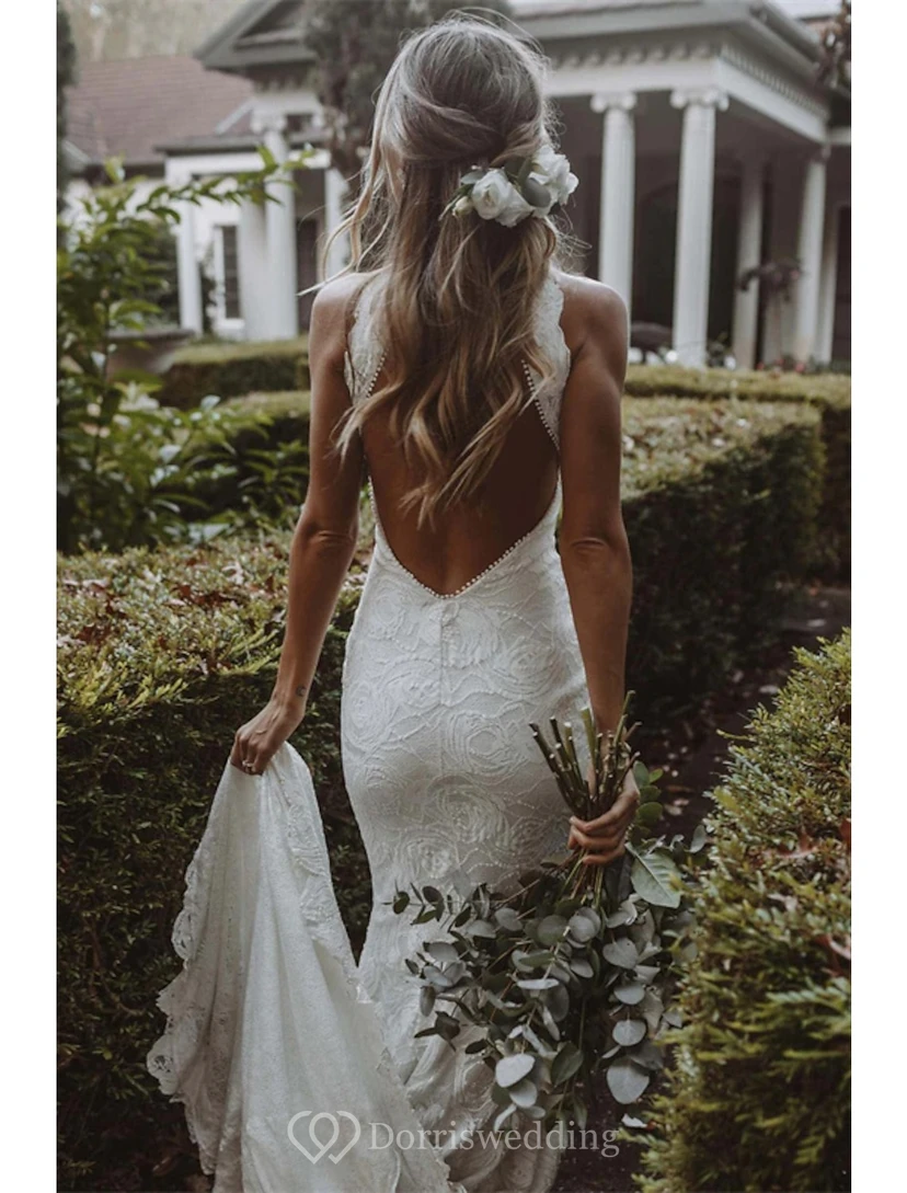 Modern Halter Lace Wedding Dress with Front Slit view 2