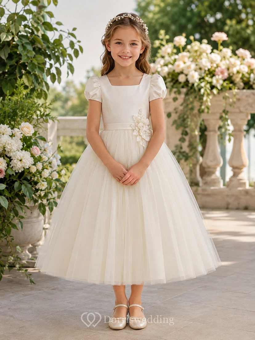 Vestido de niña de las flores, color marfil, encaje, tul, corte en A, cuello joya, largo midi, detalle de lazo.
