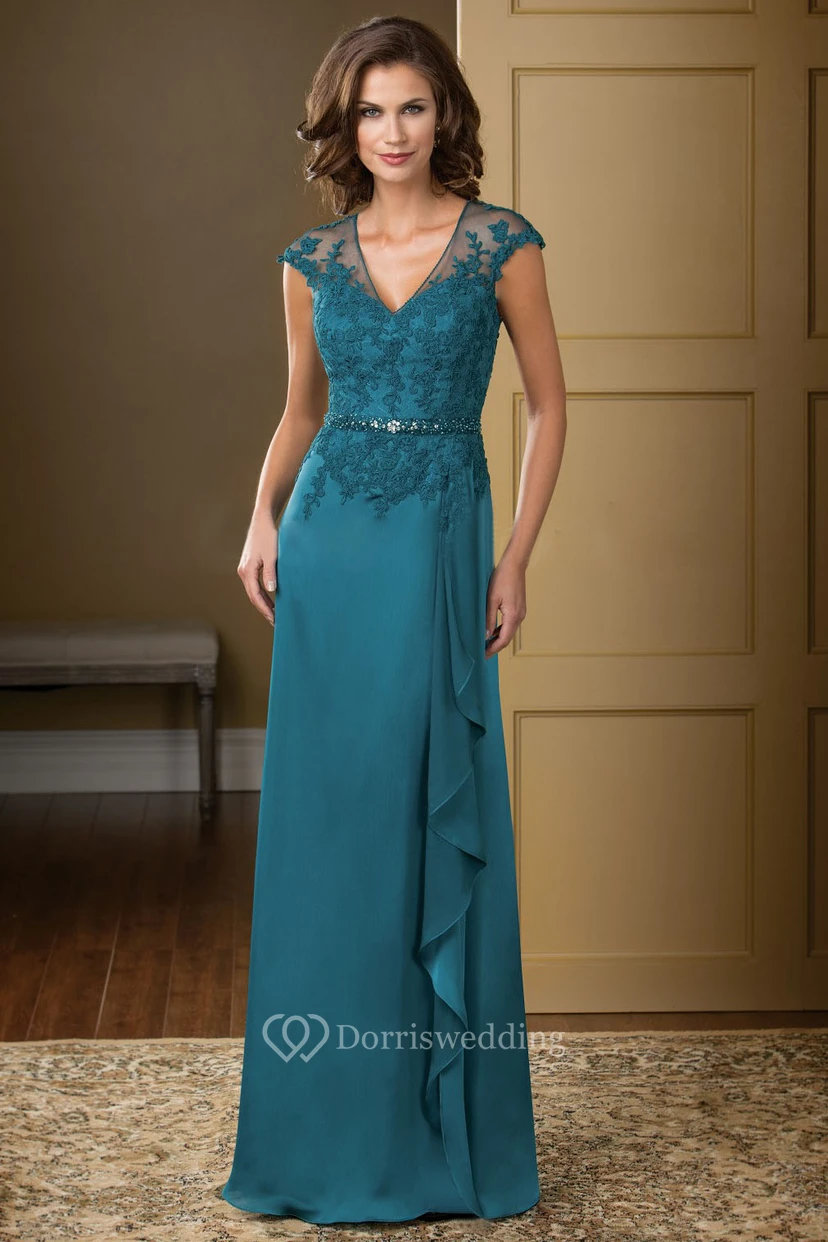 Cap-Sleeved V-Neck Long Gown With Ruffles And Crystals