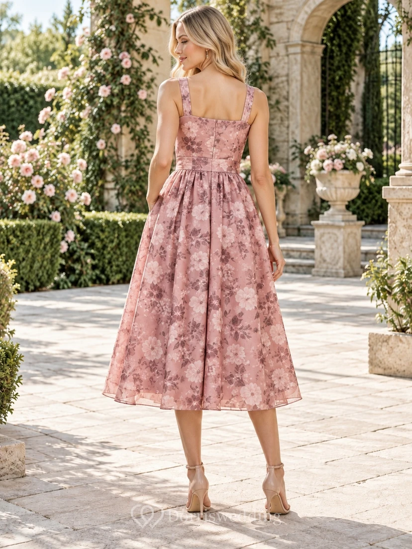 Ärmelloses, teelanges Chiffon-Gästekleid mit eckigem Ausschnitt, Taschen und Blumenmuster in Altrosa. view 2