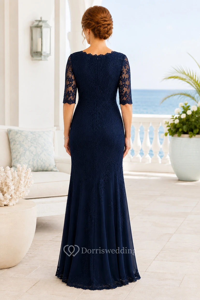 Marineblaues Meerjungfrauen-Kleid aus Spitze mit Dreiviertelärmeln view 2