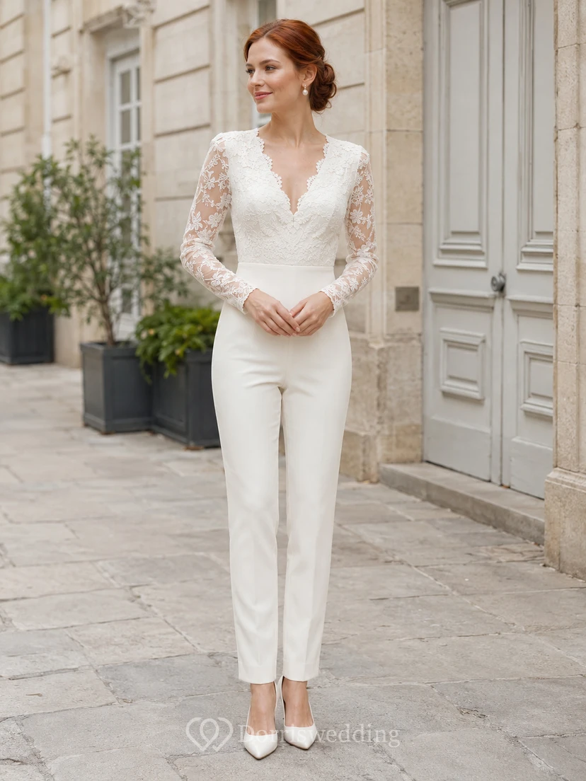 Combinaison de mariage Mairie à col en V, manches longues illusion en dentelle, dos nu plongeant