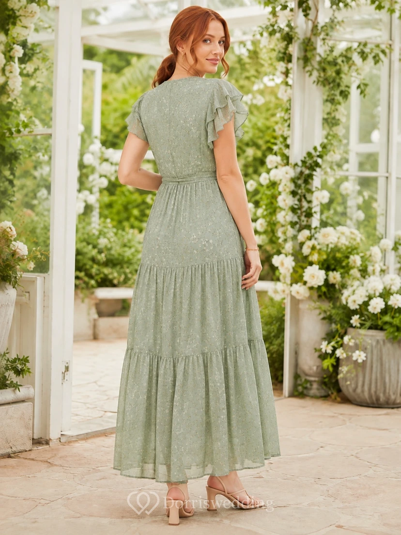 Sage Green Bohemian Tiered Chiffon Petal-Sleeve Garden Guest Dress view 2