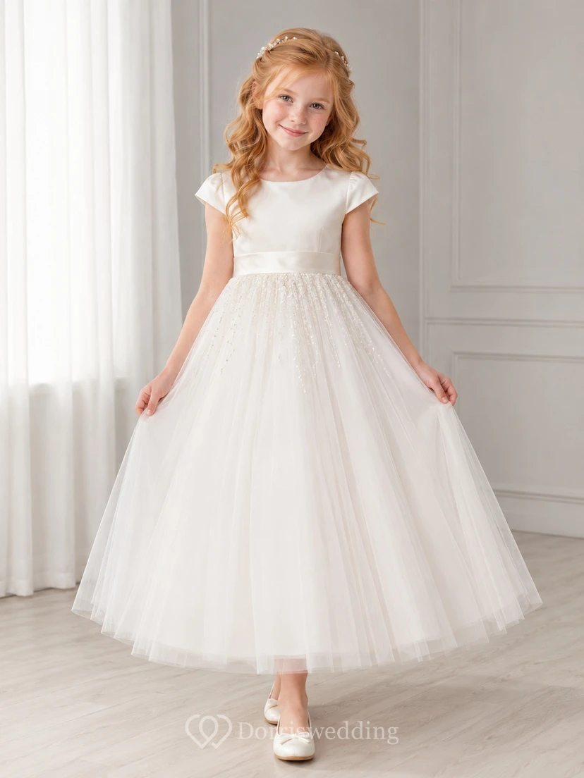 Glitzerndes Tüllkleid mit kurzen Ärmeln, knöchellang, für Kommunion und Blumenmädchen geeignet