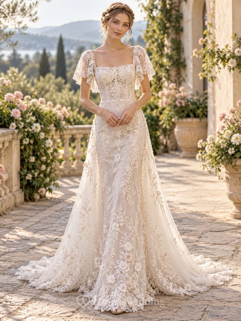 Hochzeitskleid mit eckigem Ausschnitt, flatternden Ärmeln, floraler Spitze und Meerjungfrauenschleppe