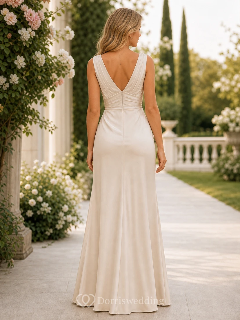 Sexy Sleeveless Sheath Deep V-neck Front Split Pink Bridesmaid Dress With Ruching view 2
