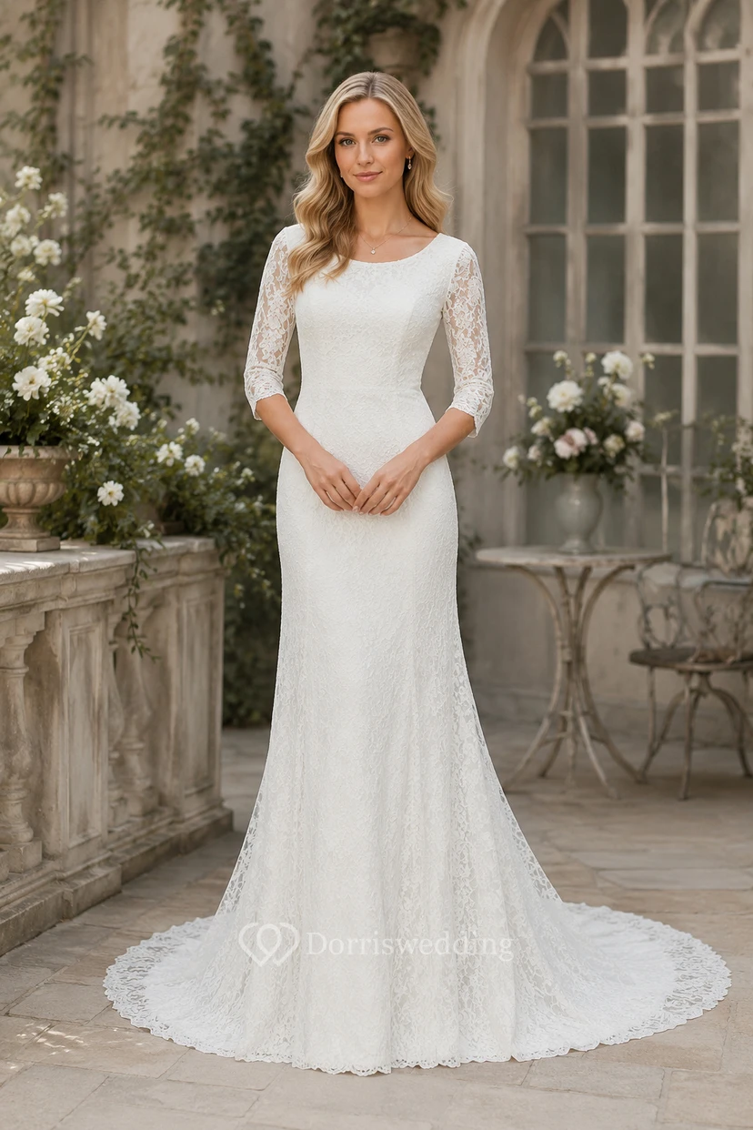 Ländlich-klassisches, schlichtes Brautkleid im Boho-Stil mit Spitze und langen Ärmeln view 2