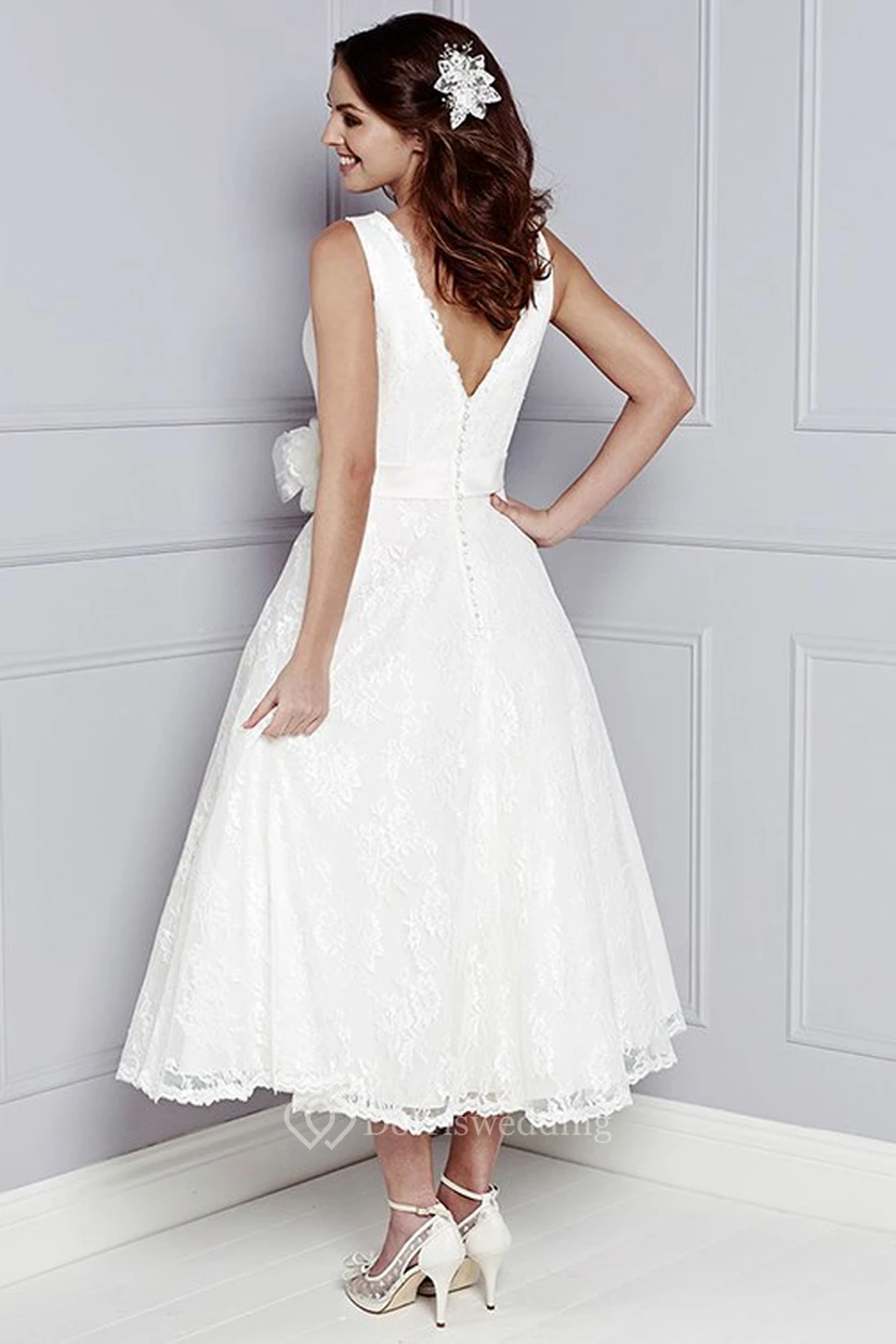 A-Line Sleeveless V-Neck Appliqued Tea-Length Lace Short Wedding Dress With Flower view 2