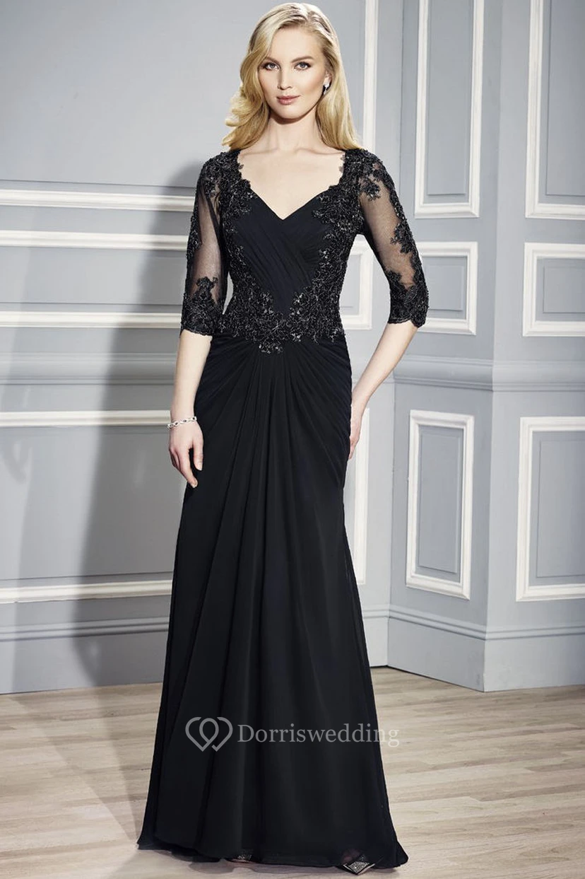 Raffiniertes, bodenlanges Chiffon-Abendkleid mit V-Ausschnitt, halben Ärmeln und Perlenstickerei