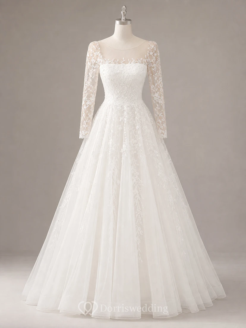 Elegantes Ballkleid mit U-Boot-Ausschnitt, 3/4-Ärmeln, Hofschleppe, Tüll, Applikationen und Illusionseffekten view 7