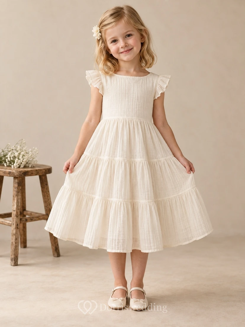 Simple Country Tea-length Ivory Flutter Sleeve Tiered Gauze Flower Girl Dress