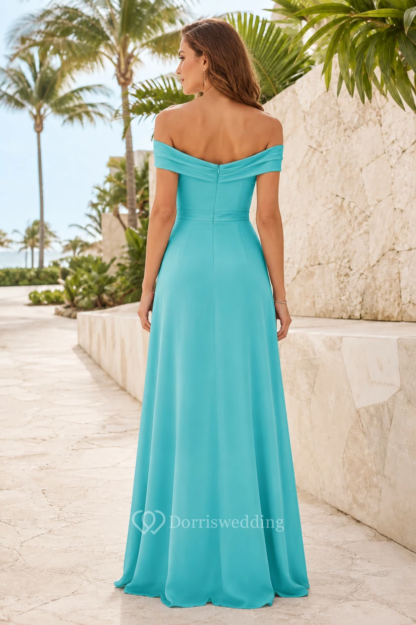 Abendkleid aus türkisfarbenem Chiffon, A-Linie, schulterfrei, kurze Ärmel mit Schlitz, bodenlang view 2