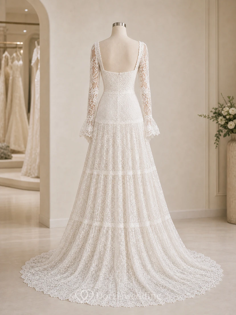 Vintage Boho Lace Wedding Dress with Square Neckline, Long Sleeves & Tiered A-Line Skirt view 8